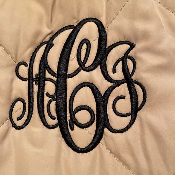 Monogrammed Puffer Vest/AJC Momogram in dark brown on a Tan Vest - Picture 2 of 4